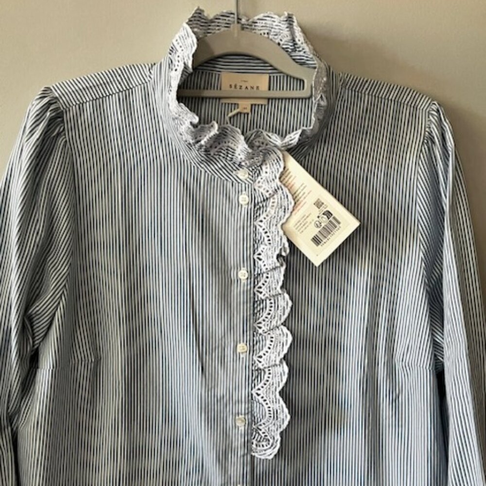 Sezane Chlo Shirt, Blue and White Pinstripe, Size 14, NWT
